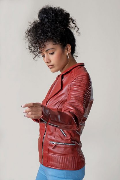 Womens Classic Red Leather Jacket - Image 6