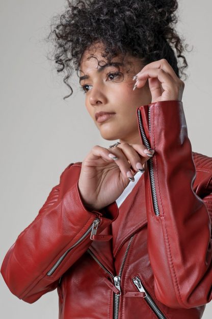 Womens Classic Red Leather Jacket - Image 5