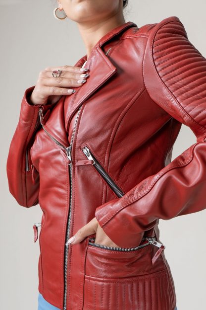 Womens Classic Red Leather Jacket - Image 4