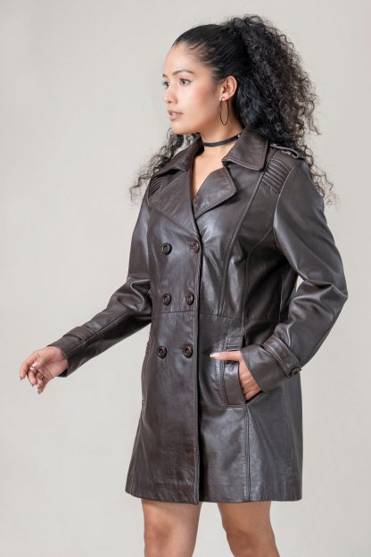 Women Premium Brown Leather Overcoat - Image 2